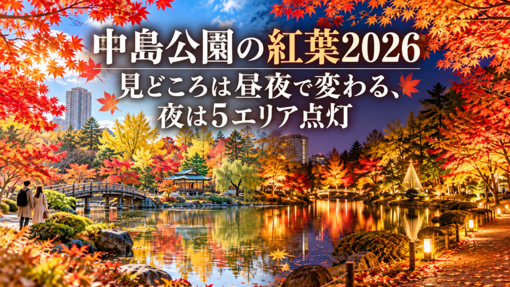 赤やオレンジに色づく中島公園の紅葉と、池や散策路、夜のライトアップが秋らしく映える風景。