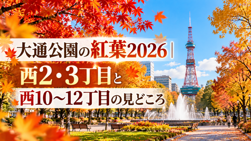 赤や黄色に色づく大通公園の木々と遊歩道を、秋のやわらかな光の中で散策する人々の姿が広がる札幌らしい紅葉風景。