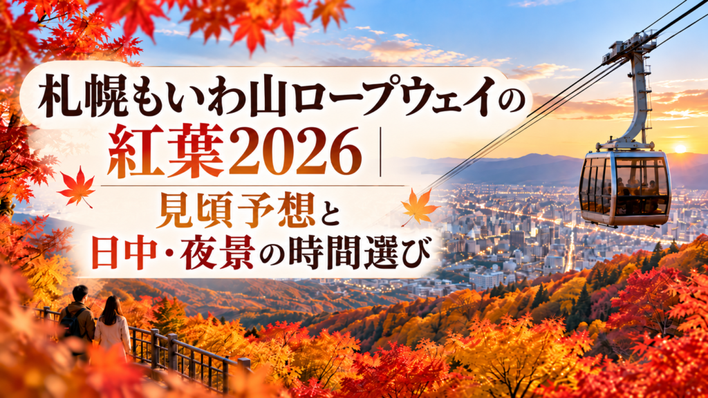 赤やオレンジに染まる札幌・藻岩山の紅葉とロープウェイ、秋空から市街地を望む明るい山景色。