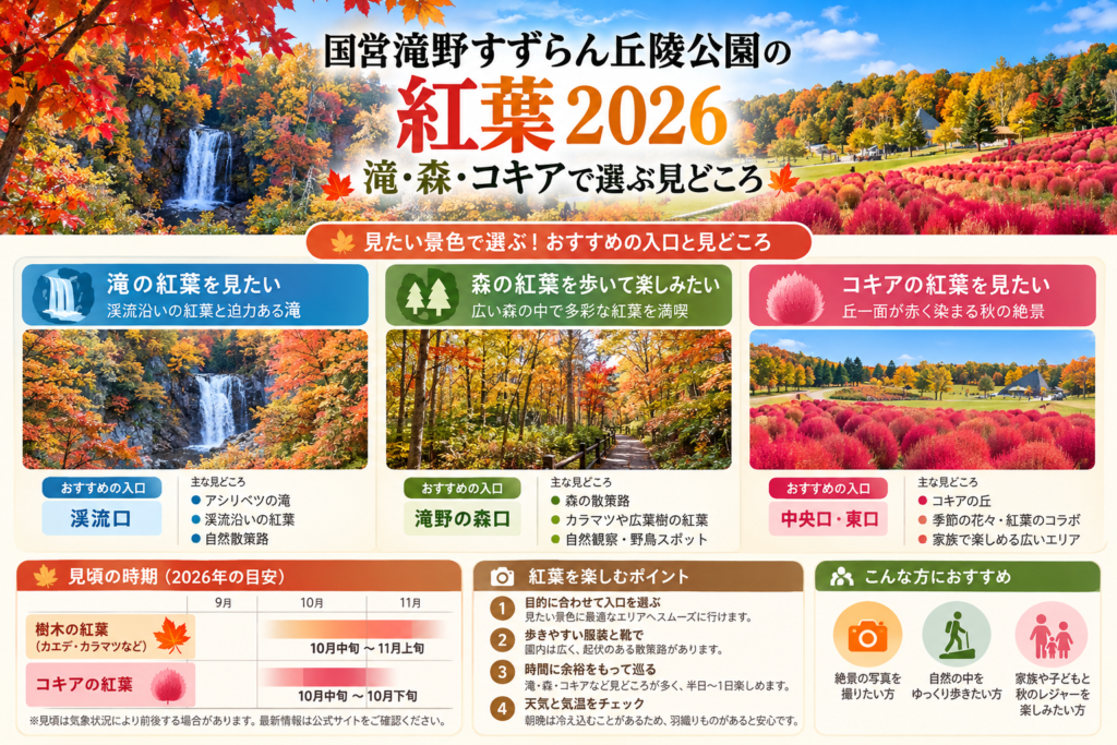 国営滝野すずらん丘陵公園の紅葉で見たい景色別に渓流口・滝野の森口・中央口・東口を選ぶ図