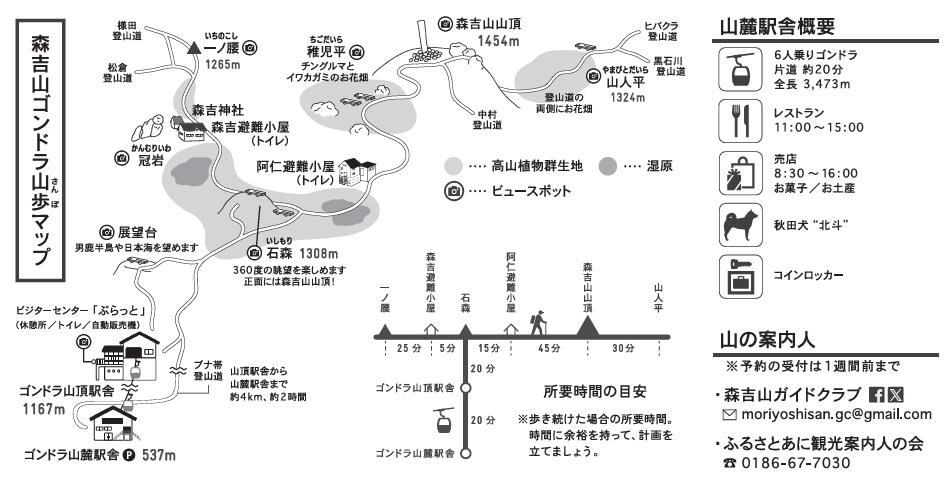 森吉山阿仁ゴンドラの公式山歩マップ。山頂駅から石森などへの道と所要時間