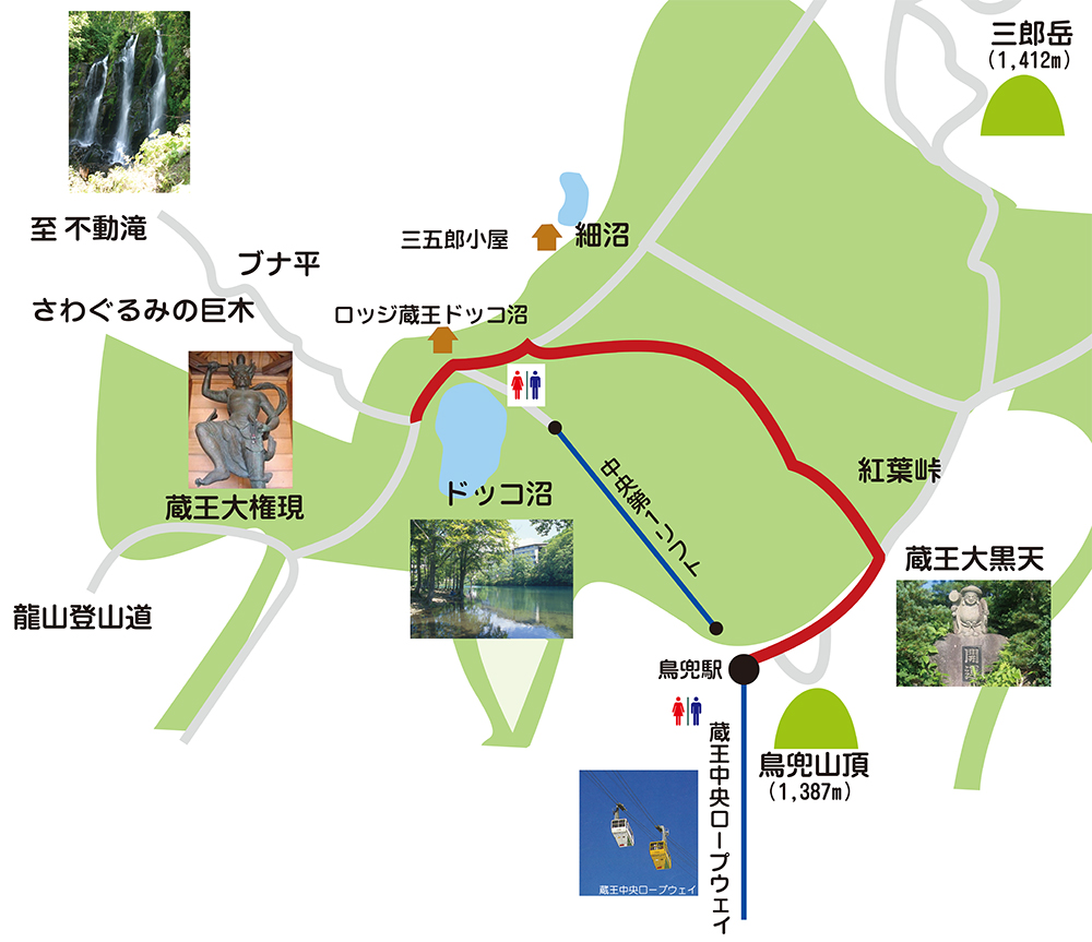 蔵王中央ロープウェイ鳥兜駅からドッコ沼と中央第一リフトを結ぶ公式散策コース図
