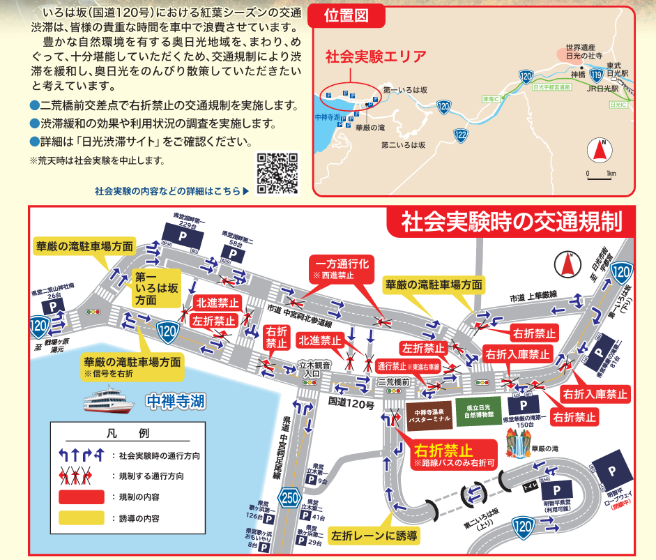 2026年10月31日・11月1日の中宮祠地区二荒橋前交差点周辺について、右折禁止箇所と通行方向を示した栃木県の公式交通規制図