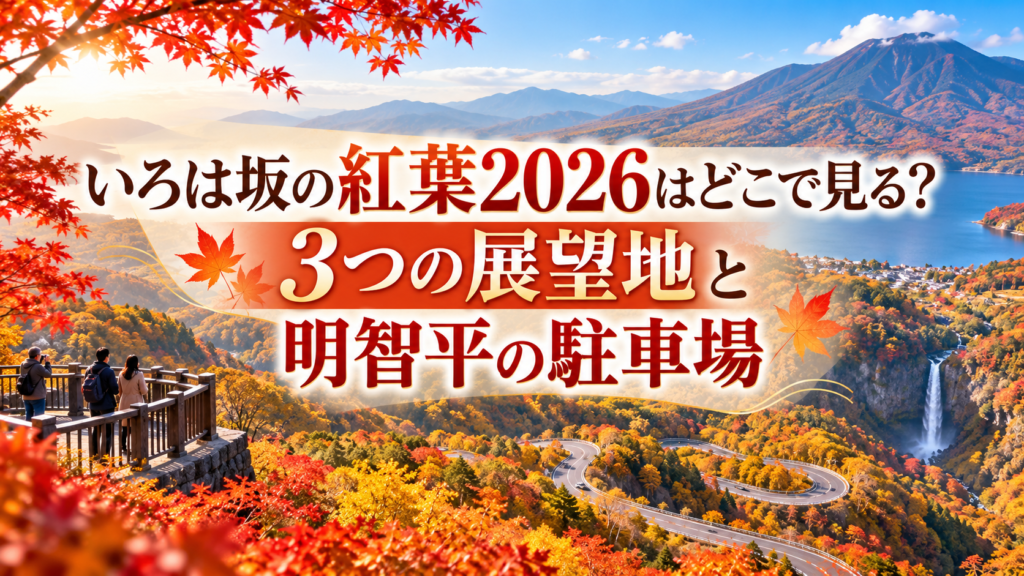 赤やオレンジに染まる秋のいろは坂を見渡す展望地と、山あいの紅葉風景を楽しむ人々の様子。