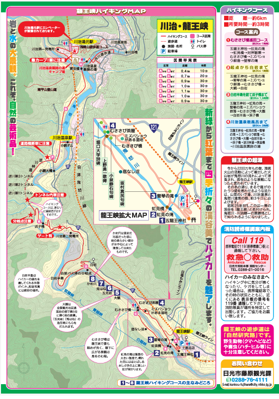 龍王峡の駅周辺、むささび橋周回と川治方面のハイキングコースが描かれた日光市の公式案内図