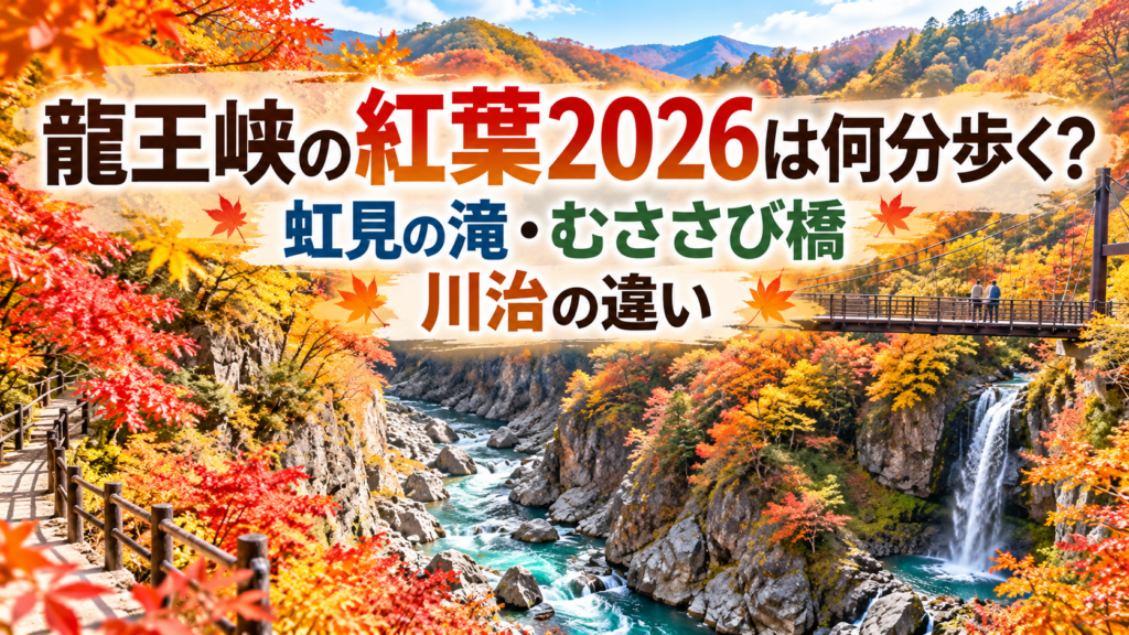 赤やオレンジに色づく龍王峡の渓谷と橋を望みながら、秋の散策路を歩く人の後ろ姿が映る紅葉風景。