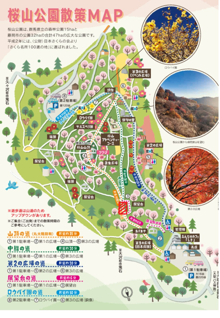 桜山公園の展望台付近を含む園路工事の通行止めエリアを示す藤岡市の公式図