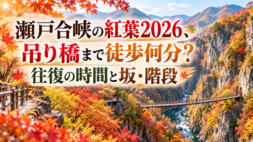 紅葉に染まる瀬戸合峡の渓谷と吊り橋を望み、秋の散策を楽しむ人の後ろ姿が見える風景。