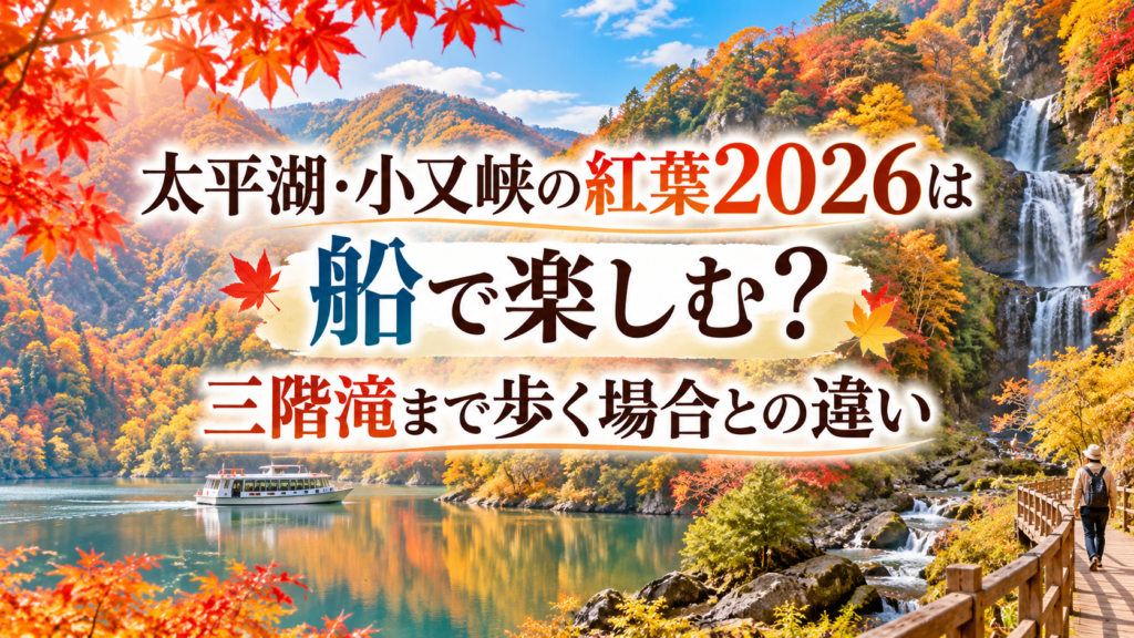紅葉に染まる太平湖と小又峡を背景に、遊覧船と三階滝へ続く散策路の秋景色を表現した風景。