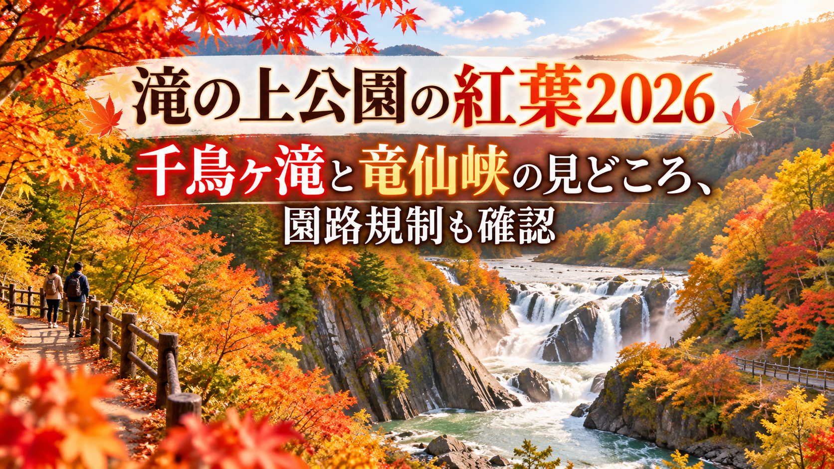赤やオレンジに色づく滝の上公園の渓谷と滝を望みながら、秋の散策を楽しむ人の後ろ姿がある紅葉風景